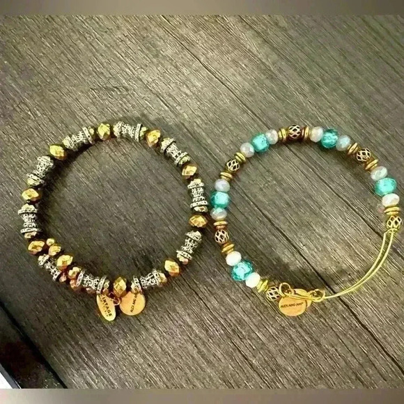 Alex And Ani Bangle Bracelets Gold and Turquoise Beads  Boho Adjustable Size - Picture 1 of 4